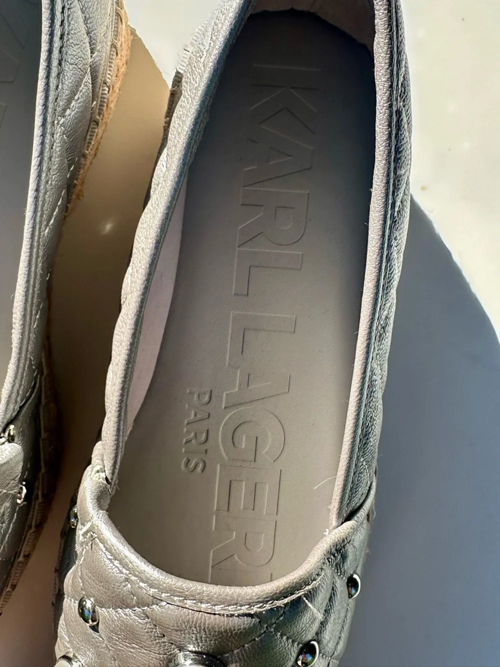 Karl Lagerfeld Desta Quilted Pearl-Accent Silver Espadrille Slip-On, 37, 6.5